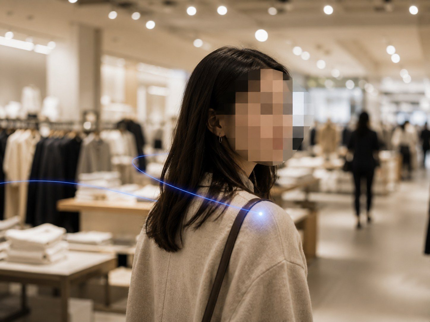 Un cliente anonimizzato sulla superficie di vendita, con il volto pixelato al momento della ripresa — Bon non registra mai identità facciali