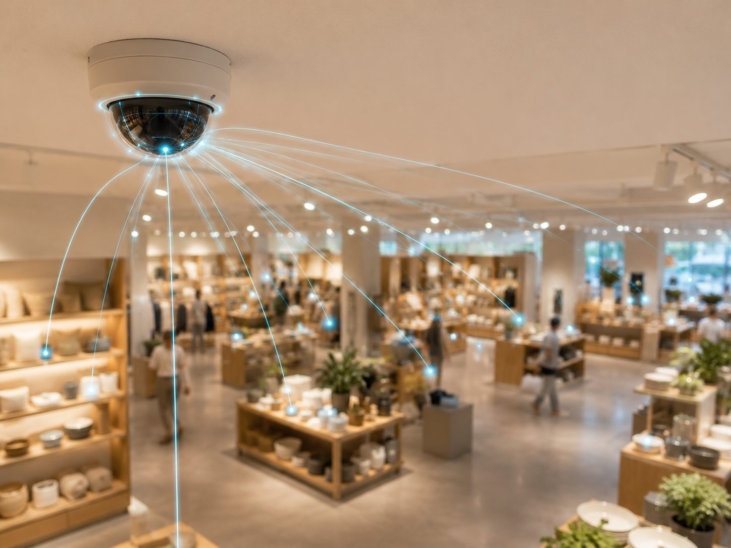 Una telecamera di sicurezza a soffitto già esistente che diventa un sensore intelligente, con segnali che si diffondono su una moderna superficie di vendita