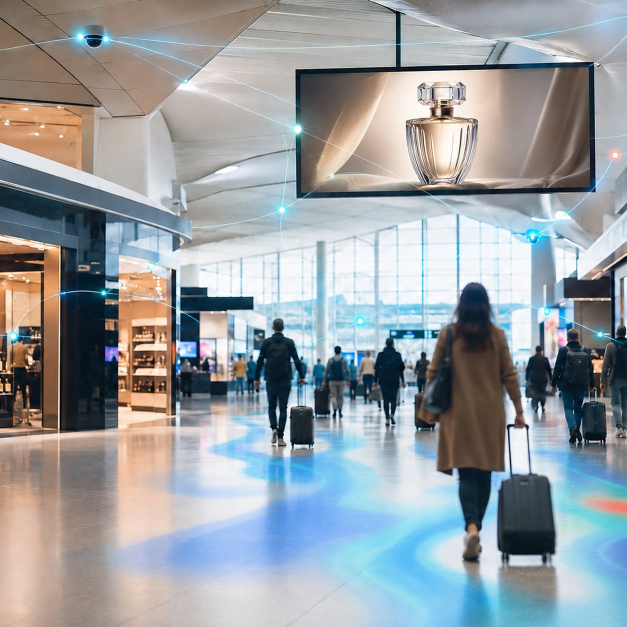 An airport concourse with travel retail storefronts and a digital advertising screen, with a restrained intelligence layer revealed over the passenger flow