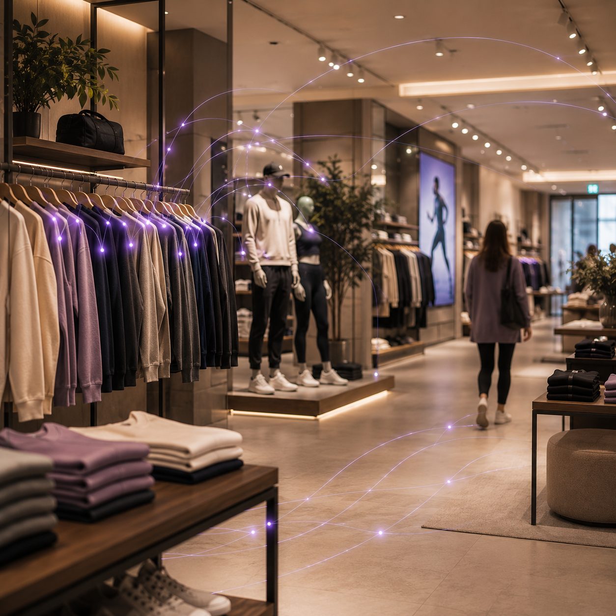 A fashion and apparel store floor with a restrained intelligence layer revealed across the rails