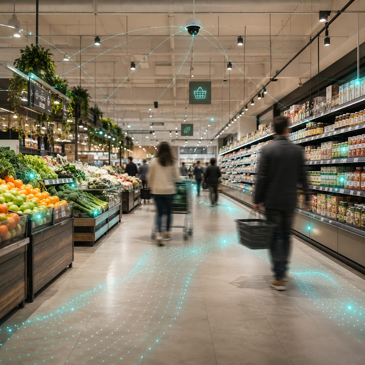 A modern grocery supermarket aisle with a restrained intelligence layer revealed over the shelves