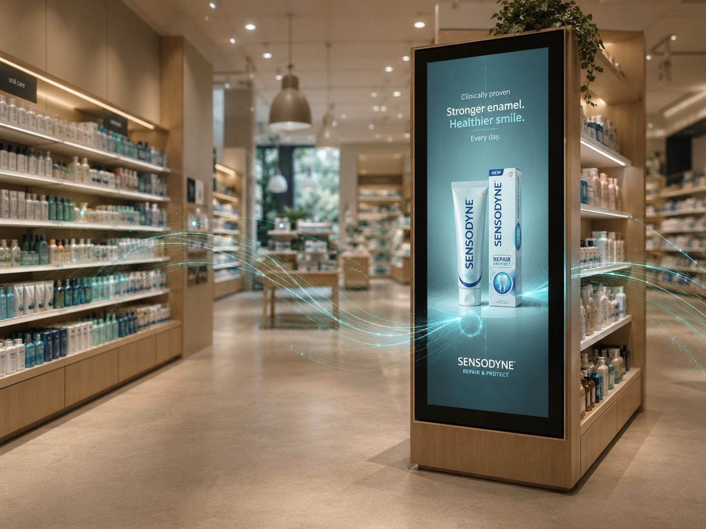 Un display retail media premium a testata di gondola che illumina la corsia di un supermercato moderno