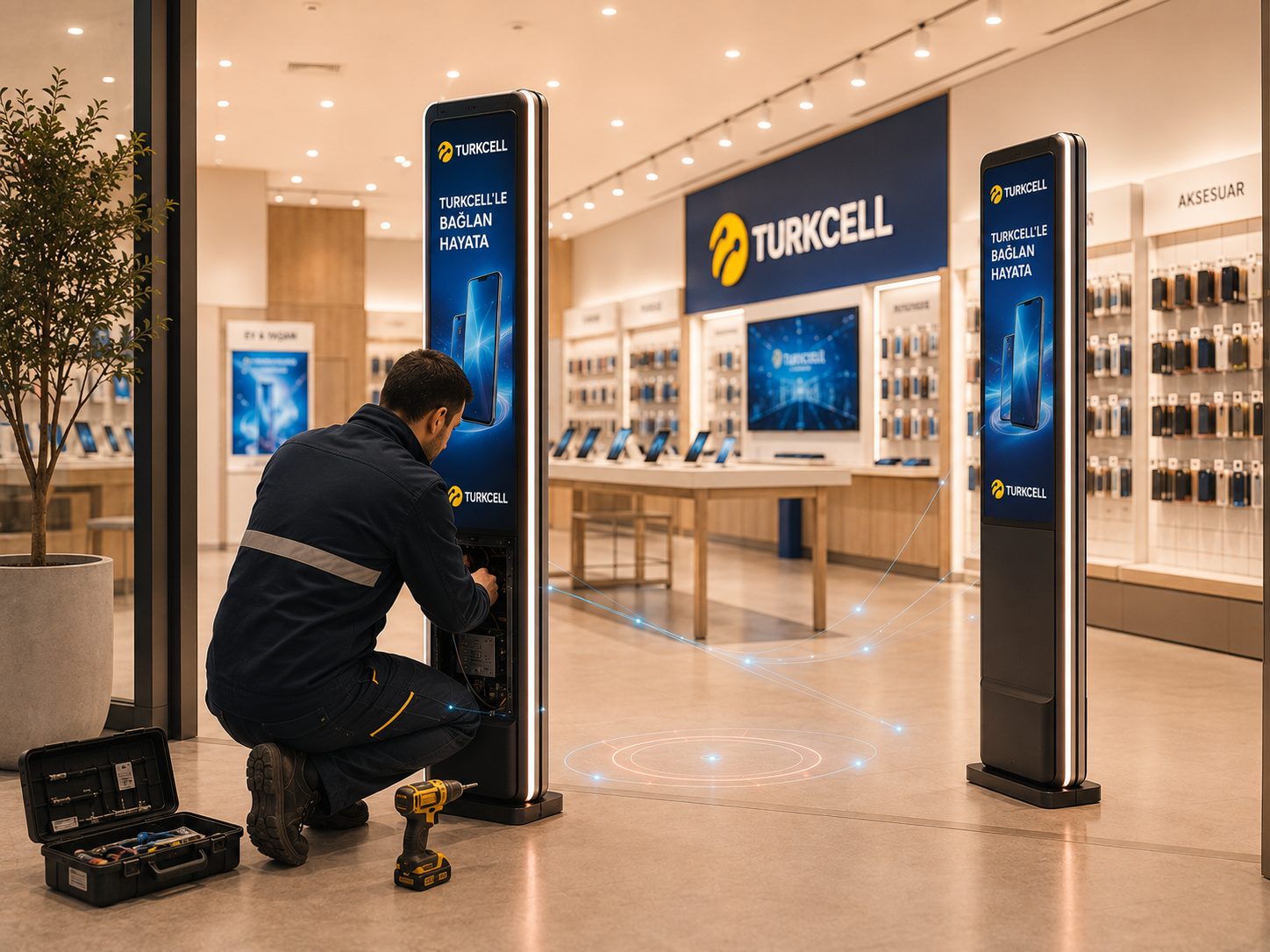 Un tecnico sul campo anonimizzato mette in funzione l'hardware d'ingresso in un negozio moderno e luminoso: installato dal partner, orchestrato da Bon