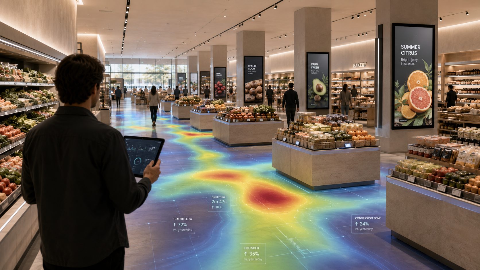 Store manager reviewing AI analytics on the shop floor as Bon Edge AI maps customer movement