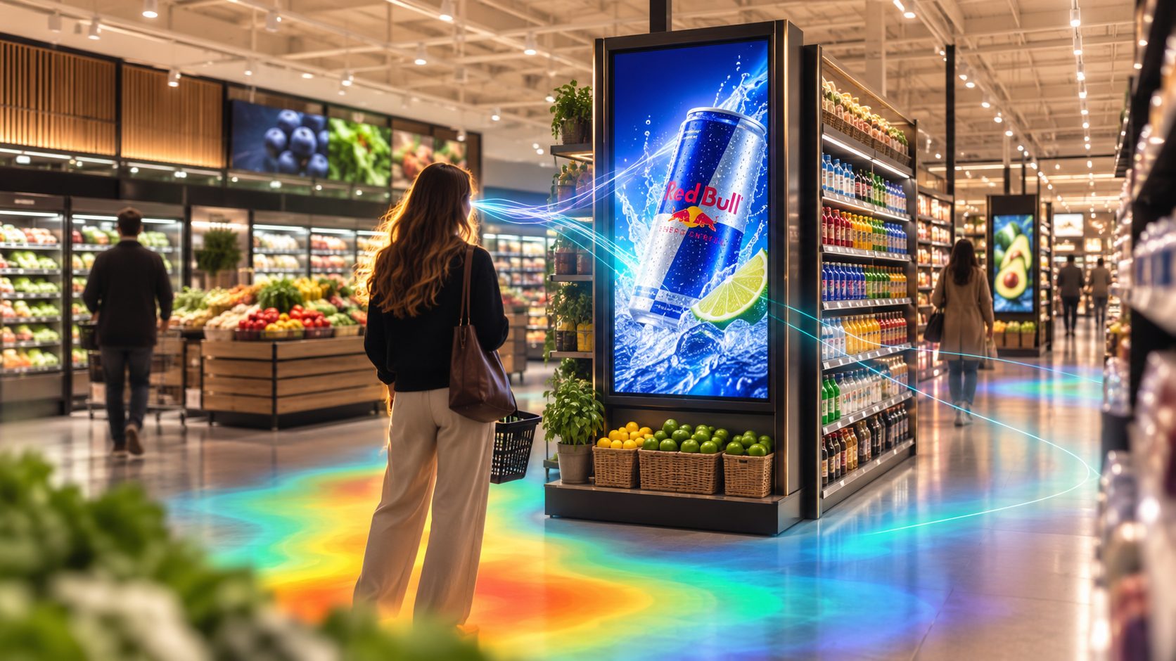Premium digital end-cap retail-media screen glowing at the end of a supermarket aisle