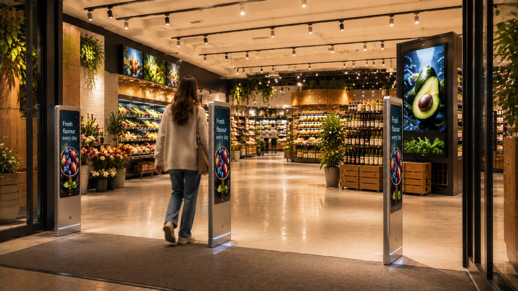 Sleek loss-prevention security gate at a modern store entrance as an intelligent threshold