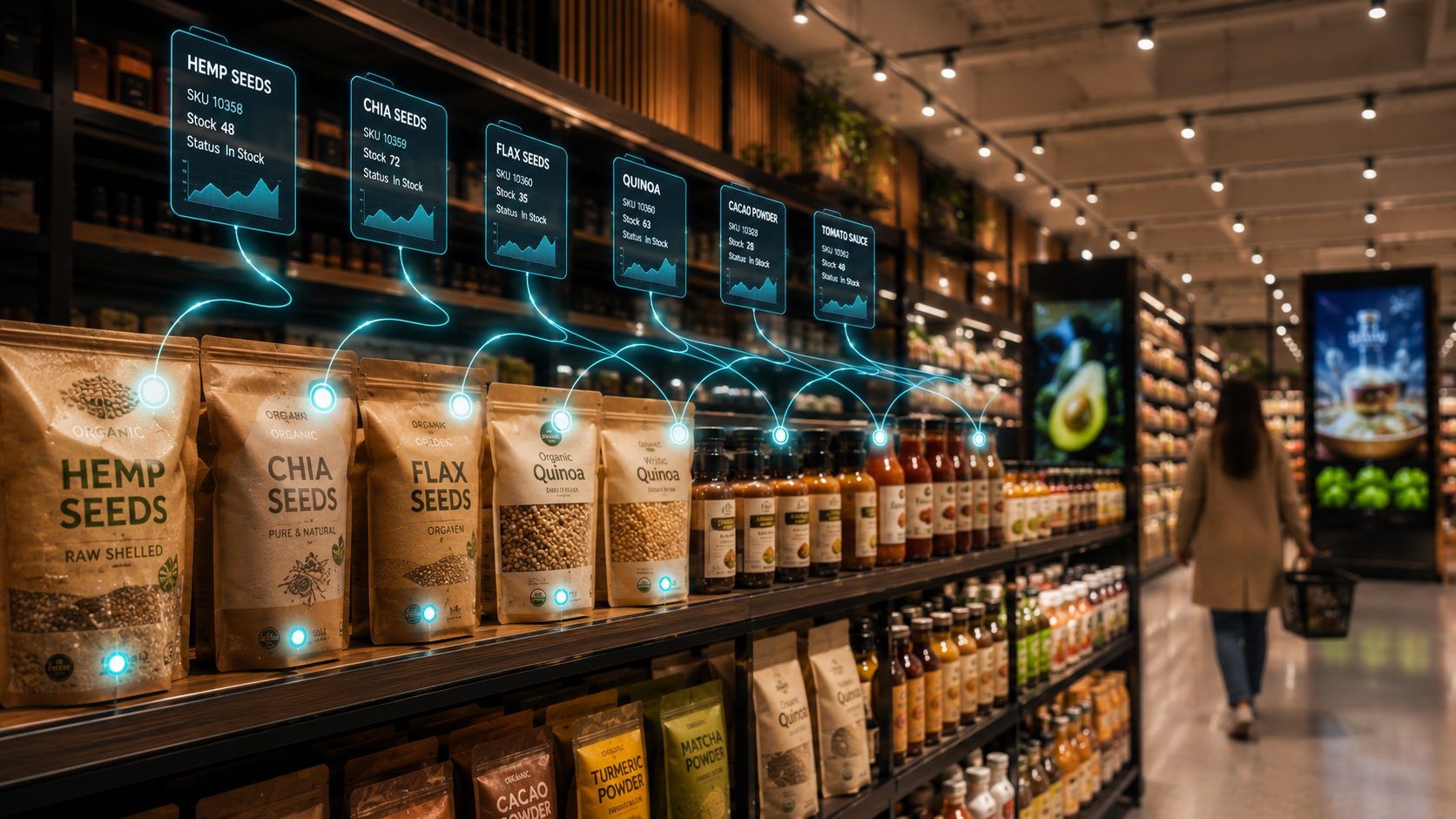 RFID-tagged products on a retail shop floor connected into a live inventory intelligence layer
